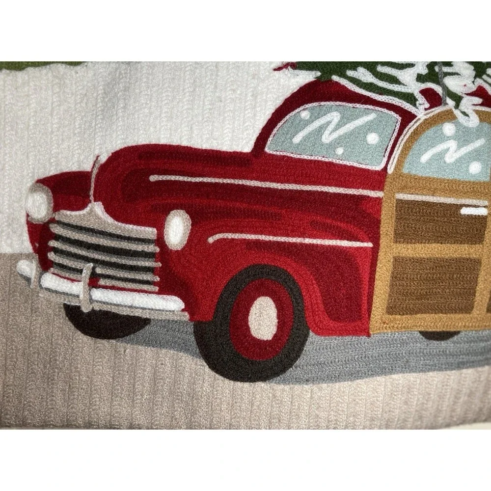 Pottery Barn Christmas Woody Wagon Car Truck Crewel Embroidered Cover 16x26